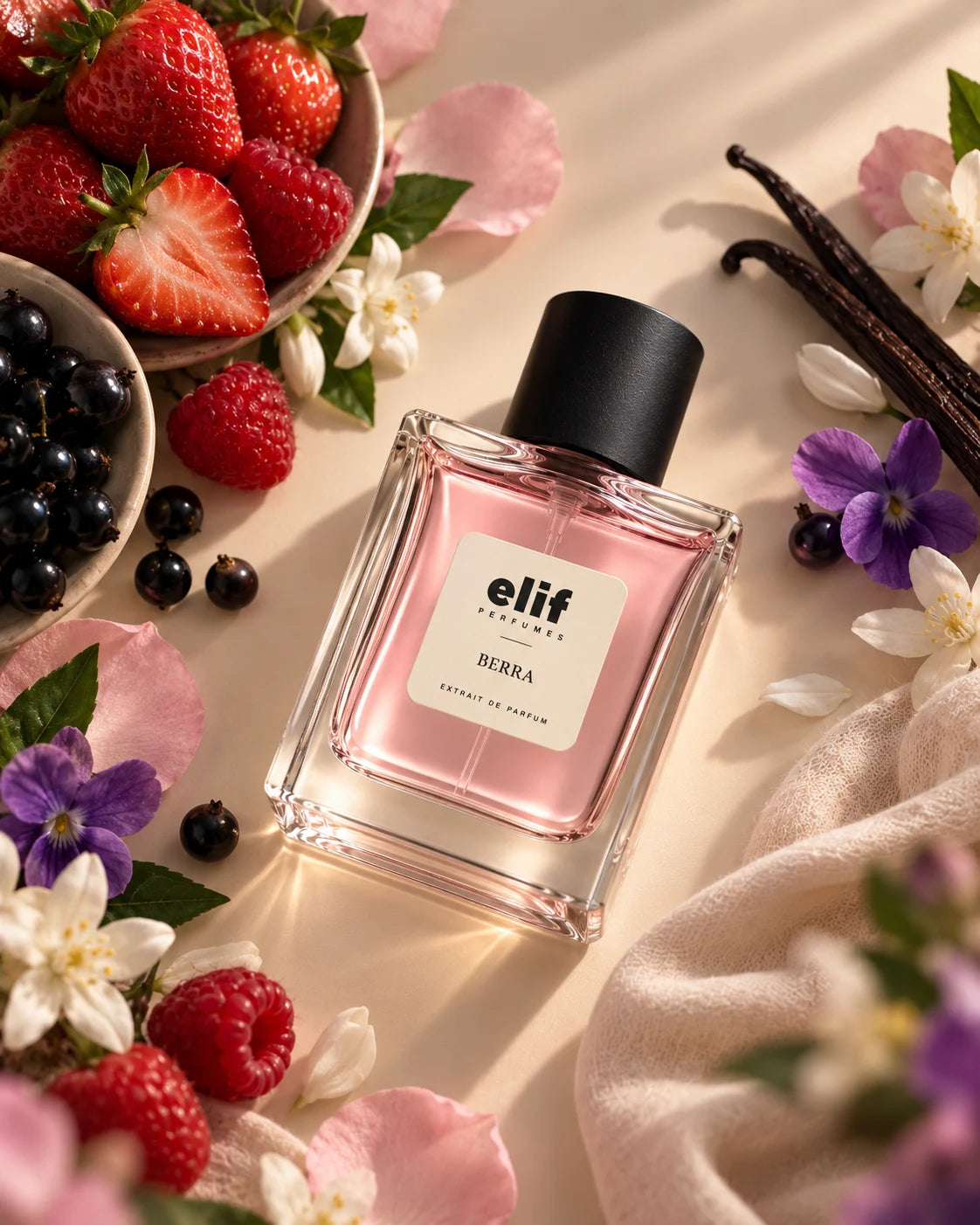 A bottle of Elif perfume, specifically the 'Berra' scent, is displayed on a warm beige surface surrounded by fresh strawberries, blueberries, vanilla beans, and delicate flowers. The perfume bottle is clear glass showing a soft pink liquid inside, topped with a matte black cap.