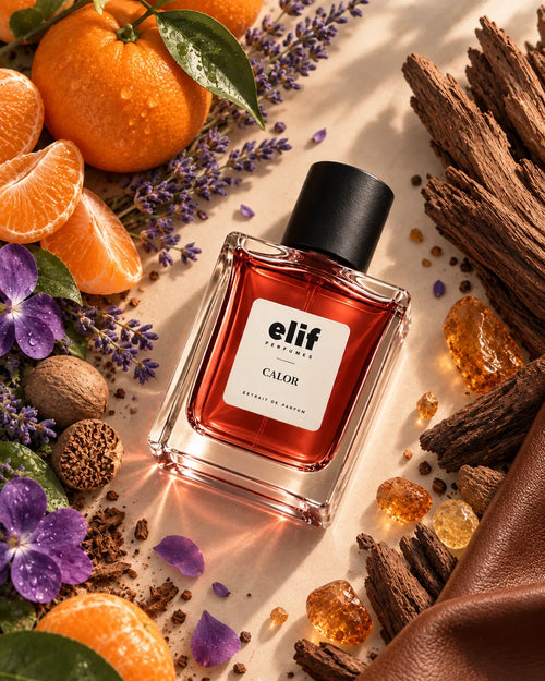 A rectangular glass perfume bottle labeled 'Elif perfume CALOR' with amber liquid and a black cap, styled on a beige surface with citrus slices, purple flowers, lavender, wood bark, and amber crystals.