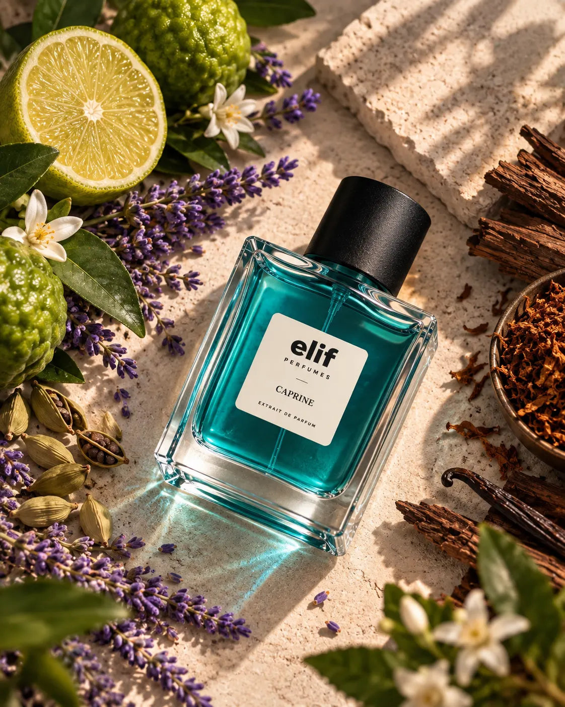 A rectangular glass bottle of elf fragrance with a black cap and a white label reading 'Elif Perfumes CAPRINE', placed on a textured stone surface surrounded by citrus, purple flowers, spices, and vanilla beans.