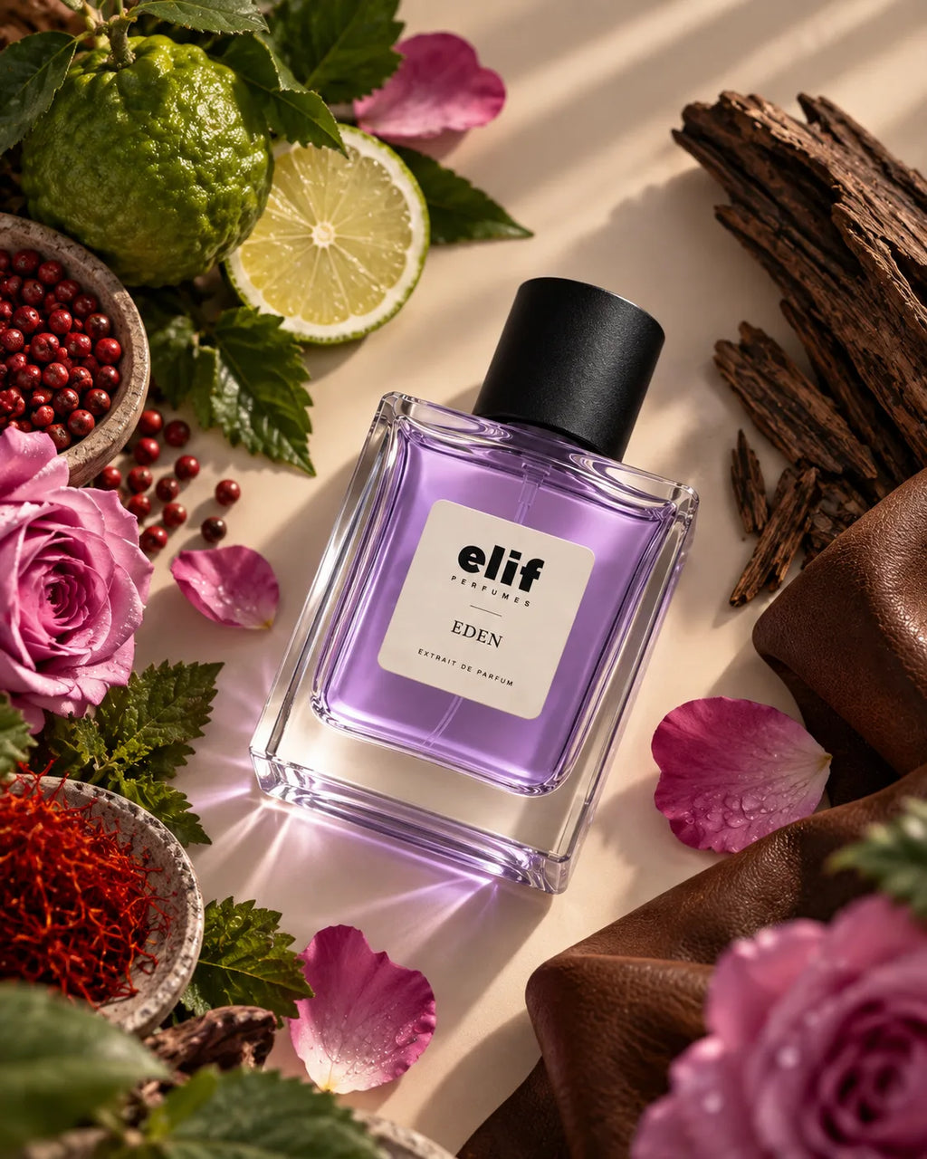 A glass perfume bottle with a black cap and a white label reading Elif perfume EDEN filled with light purple liquid, styled on a beige surface with pink roses, green citrus, red berries, brown bark, and dried brown fabric.