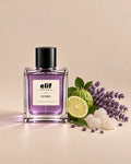 Elif Desire perfume bottle with a soft lavender-purple liquid and glossy black cap, displayed against a warm beige background. Fresh bergamot with green leaves, delicate lavender sprigs, and white crystalline sugar are arranged beside the bottle, with soft directional lighting and subtle shadows. A long-lasting fragrance with a fresh, citrusy, floral, and sweet character.