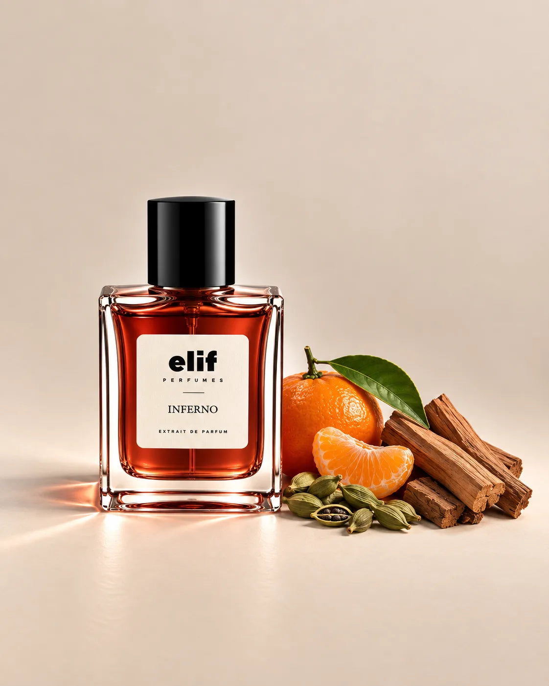 Elif Inferno perfume bottle with a deep fiery amber-red liquid and glossy black cap, displayed against a warm beige background. Fresh orange with green leaves, an orange segment, green cardamom pods, and cinnamon sticks are arranged beside the bottle, with warm directional lighting and soft shadows. A long-lasting fragrance with a warm, spicy, citrusy, and woody character.