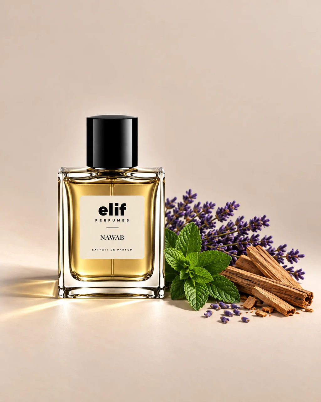 Elif Nawab perfume bottle with a warm golden liquid and glossy black cap, displayed against a soft beige background. Fresh lavender sprigs, green mint leaves, and light-colored woody pieces are arranged beside the bottle, with warm directional lighting and soft shadows. A long-lasting fragrance with a fresh, aromatic, floral, and woody character.
