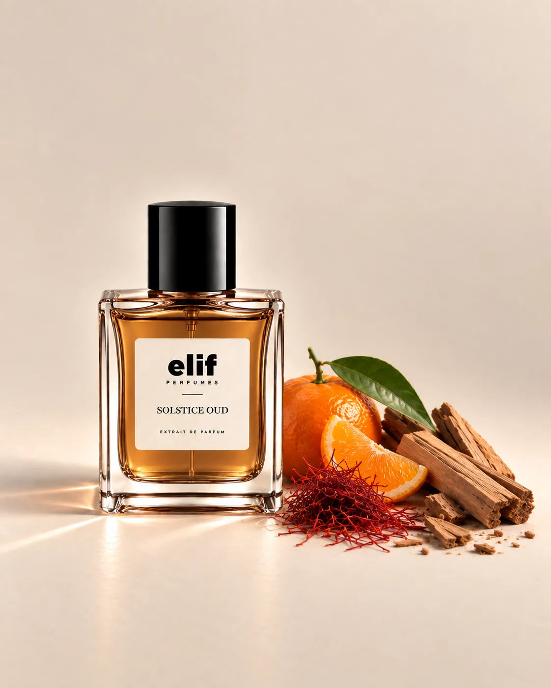 Elif Solstice Oud perfume bottle with a warm amber-gold liquid and glossy black cap, displayed against a soft beige background. Fresh orange, an orange slice with green leaves, red saffron threads, and pieces of oud wood are arranged beside the bottle, with warm directional lighting and soft shadows. A long-lasting fragrance with a warm, citrusy, saffron, and woody character.