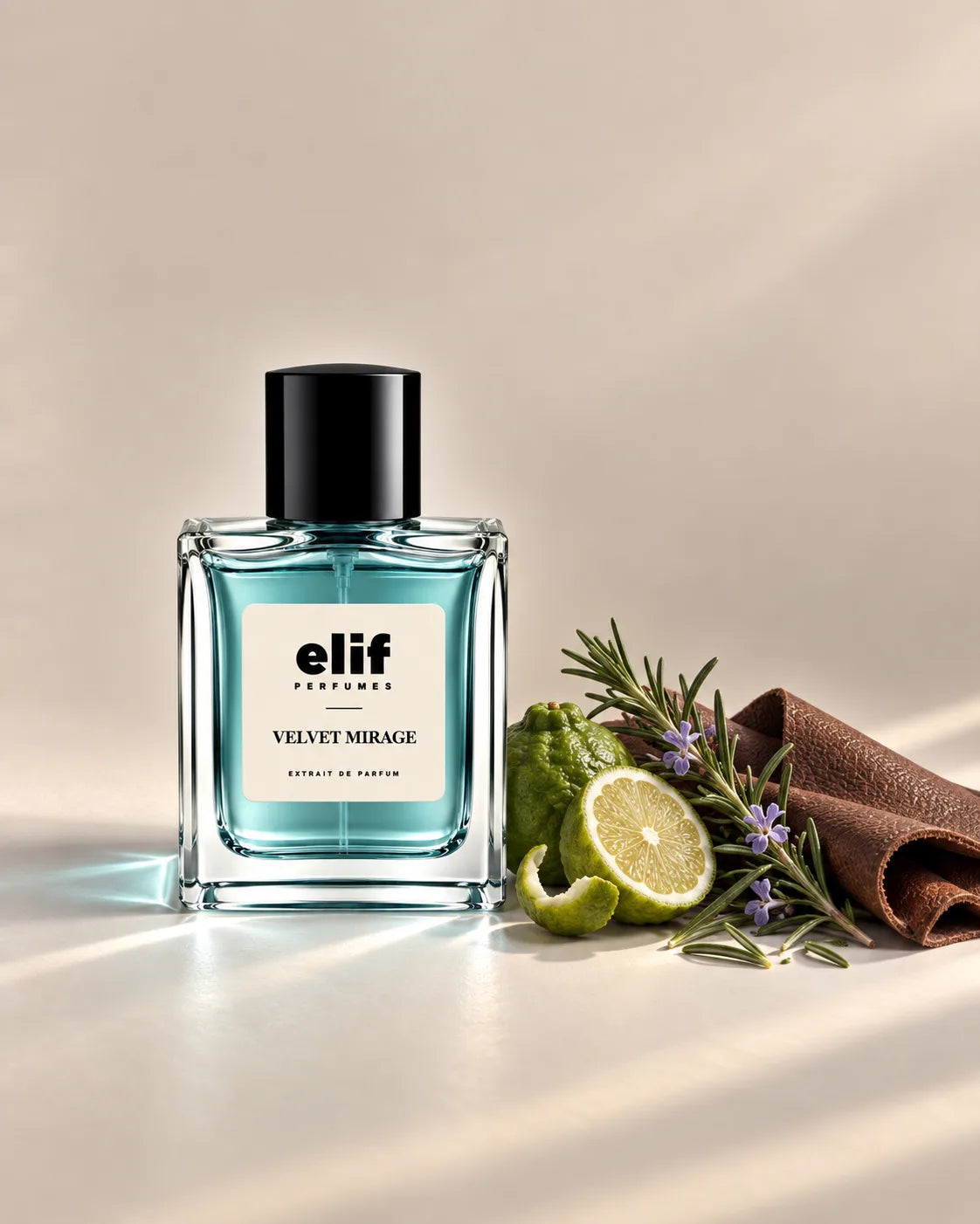 Elif Velvet Mirage perfume bottle filled with a fresh blue-green liquid and topped with a glossy black cap, displayed against a warm beige background. Kaffir lime, rosemary sprigs, delicate purple flowers, and a dark leather-like material are arranged beside the bottle, with cool directional lighting and soft shadows. A long-lasting fragrance with a fresh, aromatic, and refined character.