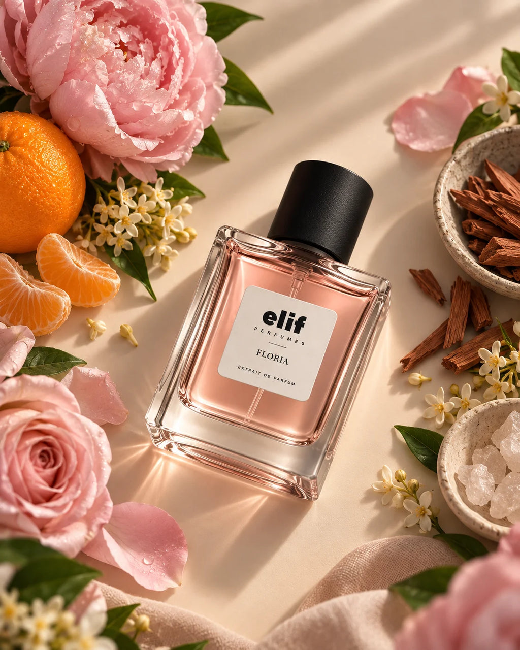 A rectangular glass perfume bottle with a black cap and a white label reading 'Elif perfumes FLORIA' sits on a warm beige surface surrounded by pink flowers, orange slices, cinnamon sticks, and small white blossoms.