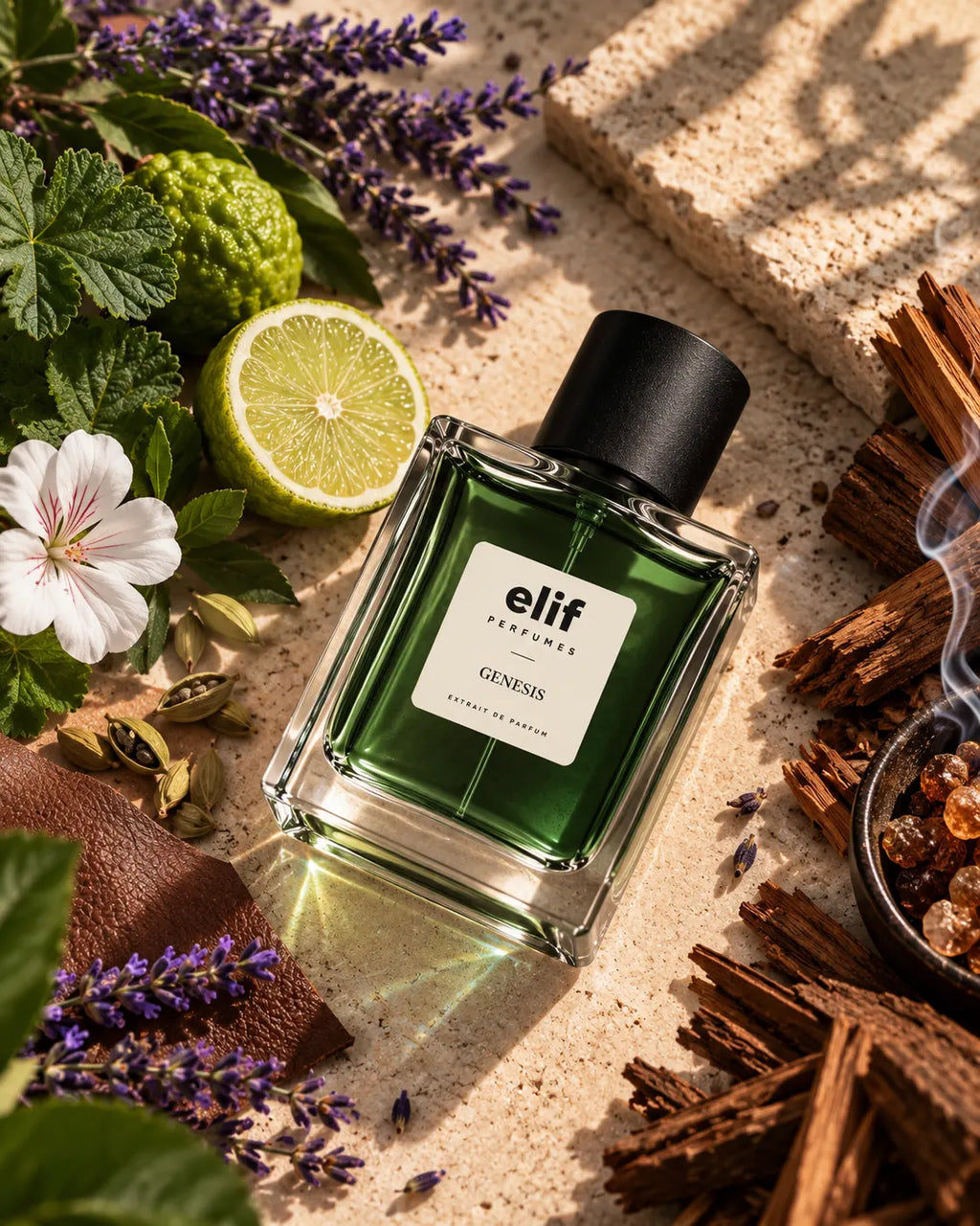 A bottle of Elif perfumes Genesis green fragrance is styled in a rich, natural setting with a lime, lavender, cinnamon sticks, and a white flower on a textured stone surface.