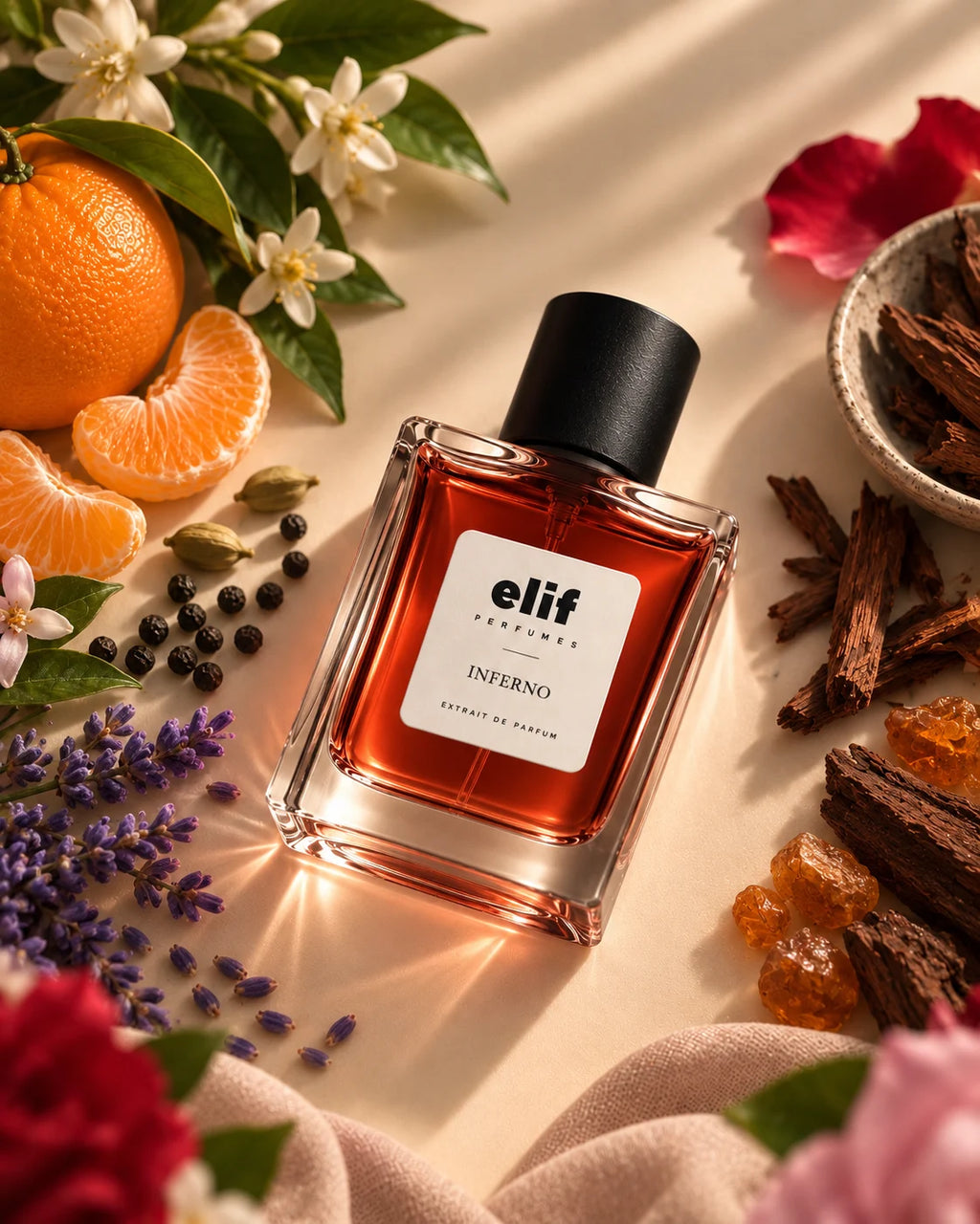 A rectangular glass perfume bottle with a black cap and a white label reading 'Elif perfumes INFERNO' sits on a warm beige surface surrounded by citrus slices, flowers, lavender, cinnamon, and amber crystals. The product is the clear focus in a styled flat-lay composition.