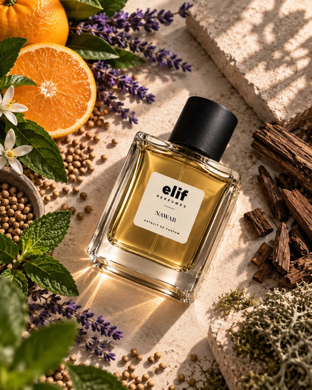 A bottle of Elif perfume, labeled 'NAWAB', filled with golden-yellow liquid and featuring a matte black cap. The bottle is styled in a flat-lay composition on a textured beige stone surface, surrounded by fresh ingredients that suggest its scent profile, including a sliced orange, purple lavender sprigs, mint leaves, cinnamon sticks, and small brown seeds.