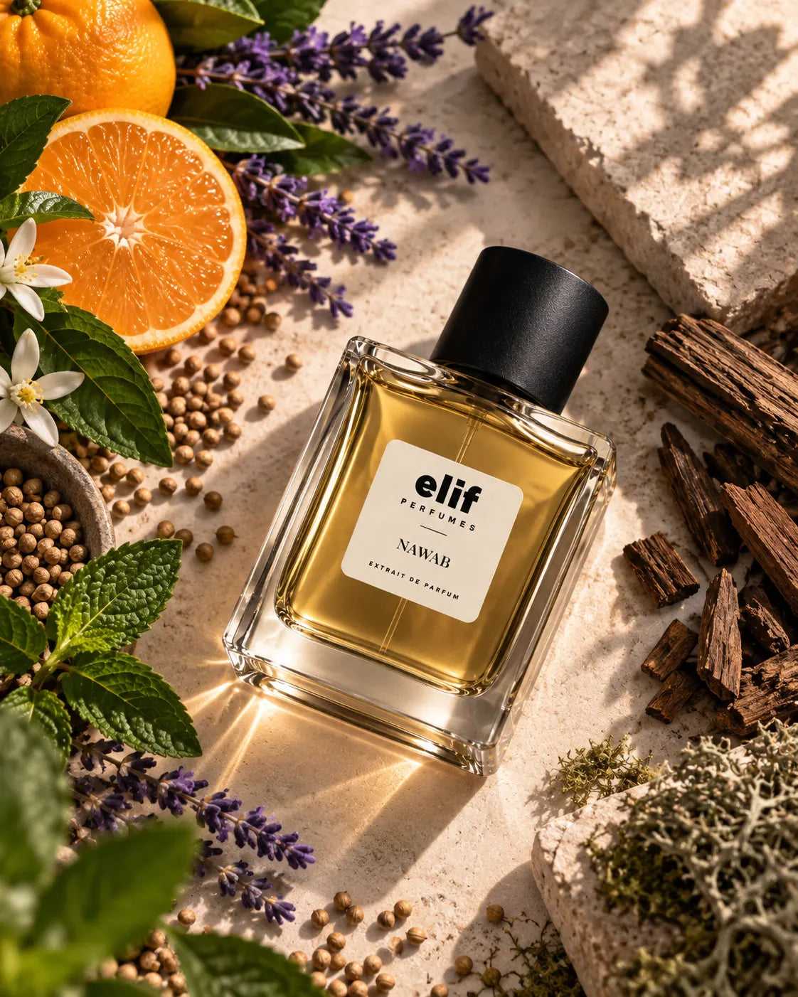 A bottle of Elif perfume, labeled 'NAWAB', filled with golden-yellow liquid and featuring a matte black cap. The bottle is styled in a flat-lay composition on a textured beige stone surface, surrounded by fresh ingredients that suggest its scent profile, including a sliced orange, purple lavender sprigs, mint leaves, cinnamon sticks, and small brown seeds.