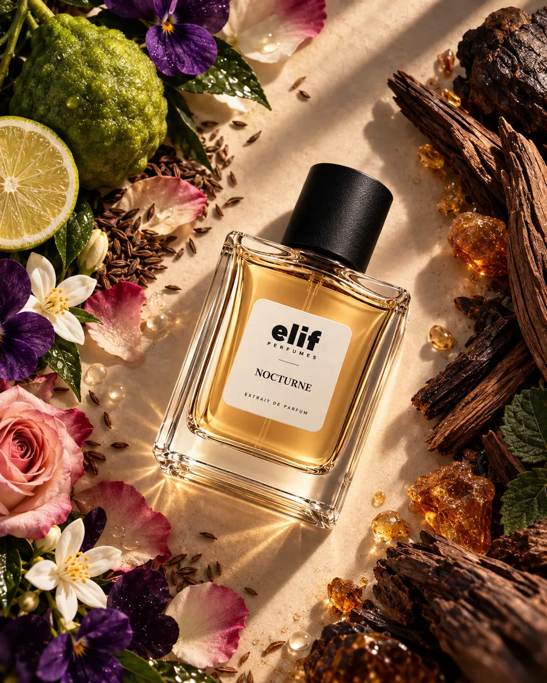 A rectangular glass perfume bottle with a black cap and a white label reading 'Elif perfumes NOCTURNE', surrounded by flowers, citrus, wood, and amber crystals on a beige surface.