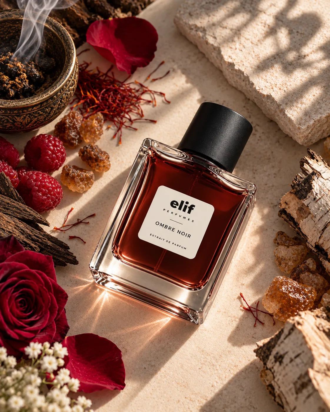 A bottle of Elif Perfumes Ombre Noir perfume, featuring a clear glass bottle with dark amber liquid and a matte black cap, styled on a textured beige stone surface with red rose petals, raspberries, amber crystals, and dried botanicals.