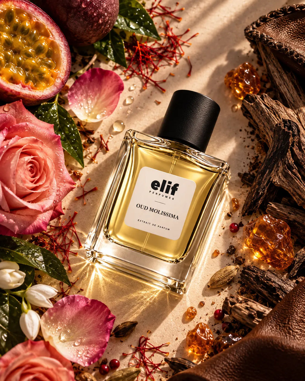 A bottle of Elif perfume, 'Oud Mollisima', with a black cap and clear glass bottle showing golden-yellow liquid, styled in a flat-lay with pink roses, passion fruit, amber crystals, and dried wood on a sandy background.