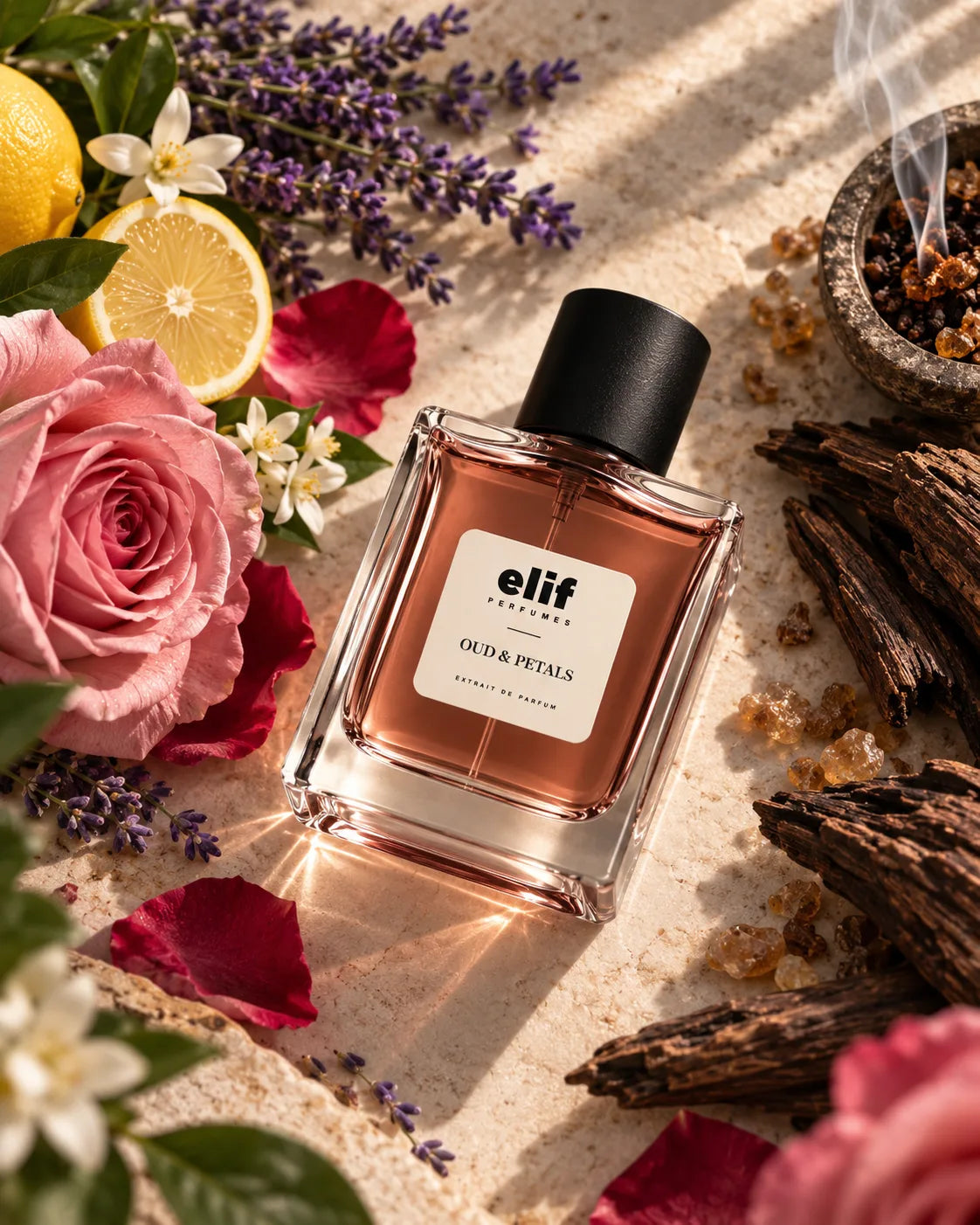 A bottle of Elif Perfume 'Oud & Petals' perfume placed on a textured stone surface, surrounded by pink roses, purple lavender, lemon slices, dried bark, and a smoking incense burner.