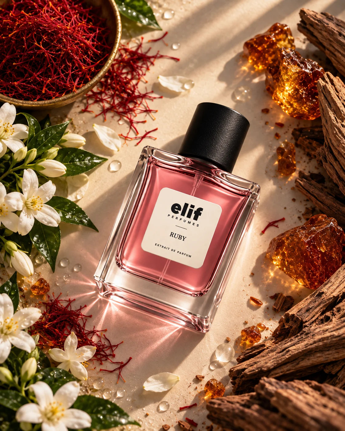A bottle of Elif perfume called Ruby, featuring a pink liquid in a clear glass bottle with a black cap, surrounded by saffron, white flowers, amber crystals, and wood pieces on a beige surface.
