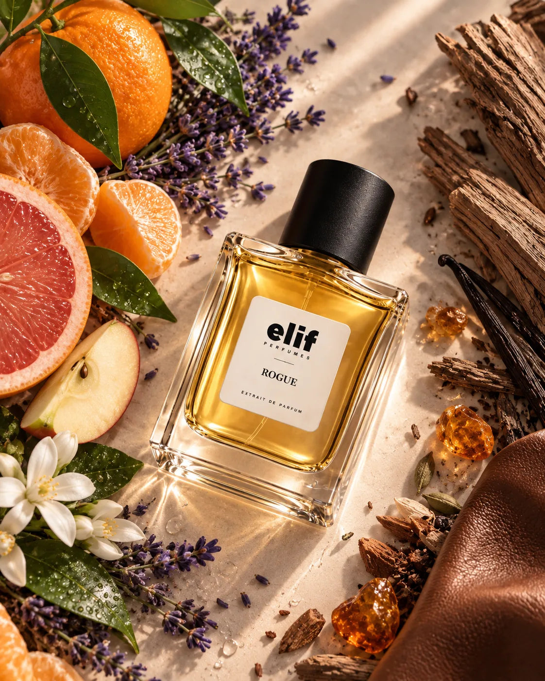 A bottle of Elif Perfume 'Rogue' with amber liquid and a black cap, styled in a flat-lay with citrus fruits, lavender, vanilla beans, and amber crystals on a textured beige surface.