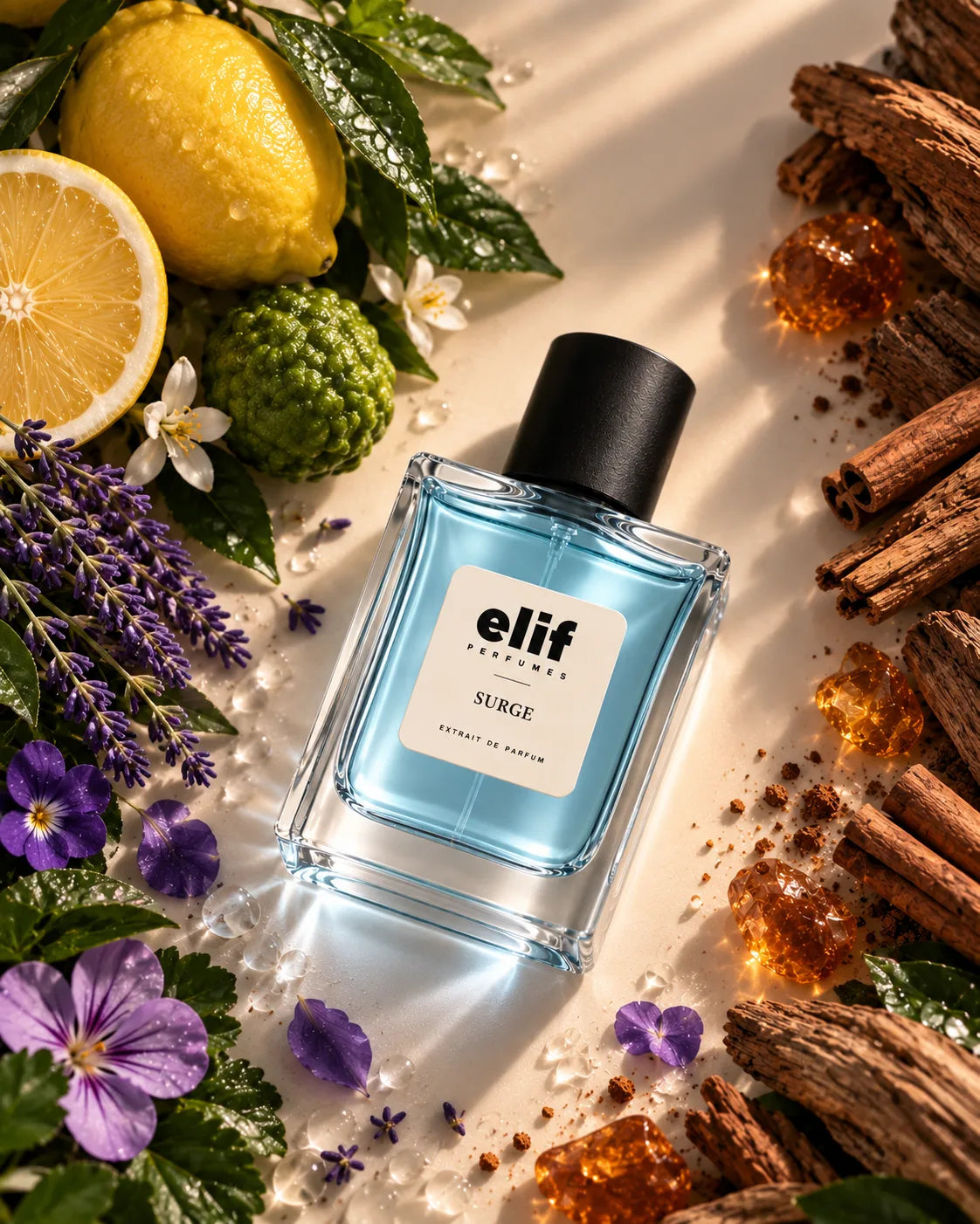 A bottle of Elif Perfumes Surge fragrance with light blue liquid and a black cap, styled on a warm beige surface with lemons, lavender, purple flowers, cinnamon sticks, and amber crystals.