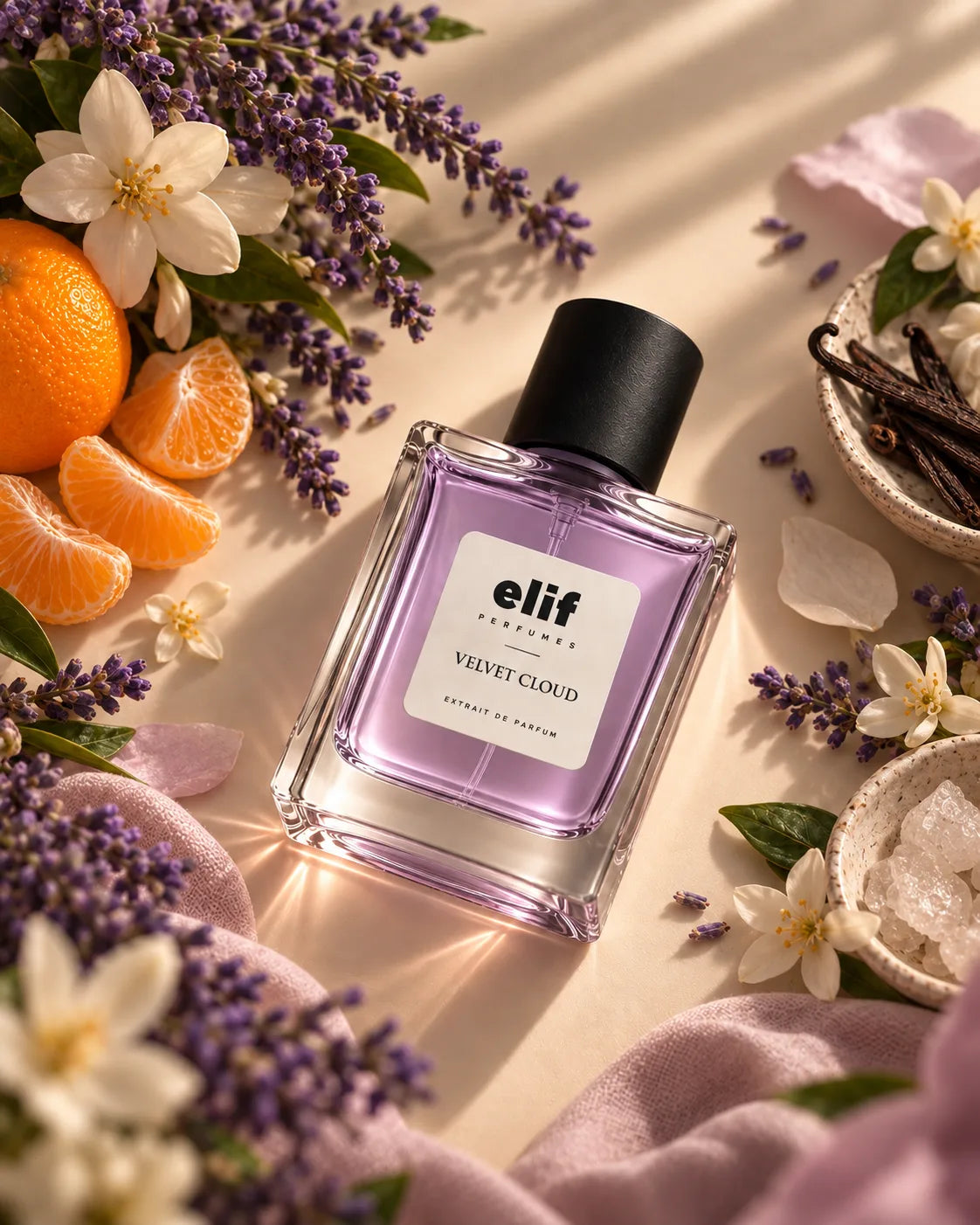 A bottle of Elif Perfume Velvet Cloud perfume with light purple liquid and a black cap, styled in a flat-lay with lavender, white flowers, orange slices, and vanilla beans on a beige background.