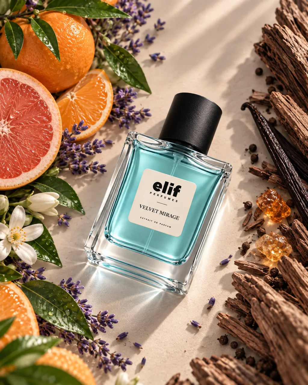 Elif Perfumes “Velvet Mirage” perfume bottle filled with turquoise-blue fragrance, surrounded by fresh citrus fruits, lavender, white flowers, vanilla, spices, and wood on a warm beige background.